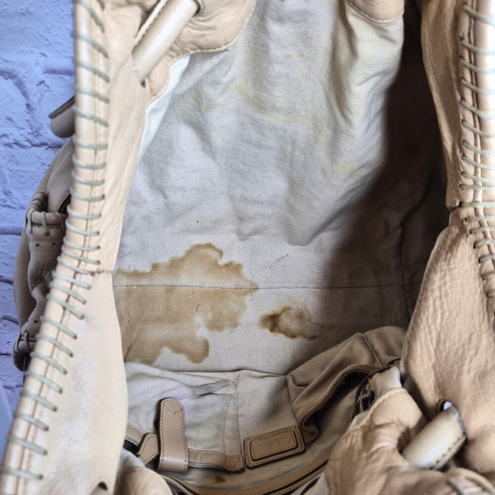 Vintage Cole Haan Tan Pebbled Leather Whipstitch Embroidered Drawstring Hobo Bag - Picture 10 of 12